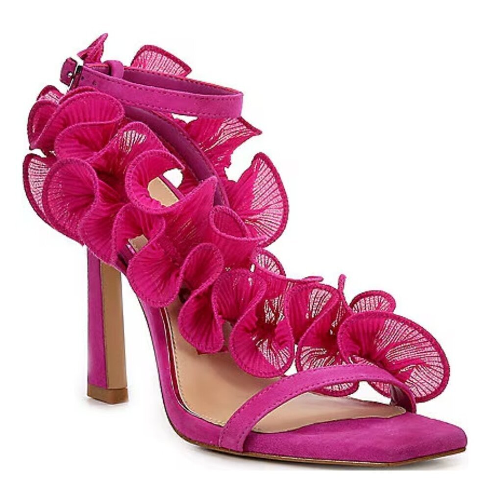 NEW Gianni Bini Franz Suede Chiffon Ruffle Dress Sandals in Sunrise Pink